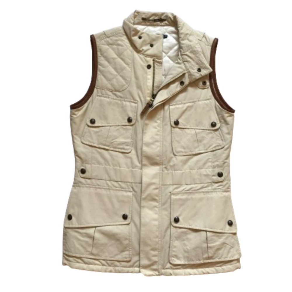 Ralph Lauren Safari Utility Vest Womens 10 Beige Tan Zip Up Front Leather Trim